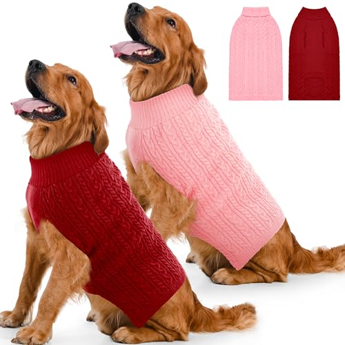 2 Pack Dog Sweaters for Large Dogs Winter Turtleneck Pullover Cable Knit Fleece Stretch Pitbull Labrador Golden Retriever Doberman Bulldog Boy Girl Pet Clothes (XXL, Pink & Red) - color: Pink & Red, size: XX-Large