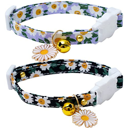 2 Pack Cotton Breakaway Cat Collars with Bell Daisy Pendant Kitty Kitten Collars Black Blue Collar for Female Girl Cats Male Boy Cats - color: Black&Blue