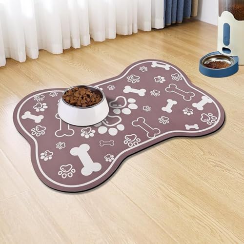 Dog Feeding Mats, Bone-Shaped Feeding pad, Absorbent Dog Mat for Food and Water Bowls, Easy Clean Silicone Mat for Food Bowls & Litter Areas | Cat Litter Mat | Ideal for Dog and Cat Owners - color: Brown dog claws and bones, size: 16" x 24"