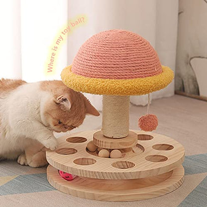 Cat Scratching Post with Hanging Ball,Cat Turntable Ball Toy,Cat Mushroom Sisal Scratcher,Kitten 2 Layer Wooden Track Spinning Balls,Fun Turntable Toy for Indoor Cats Physical Exercise