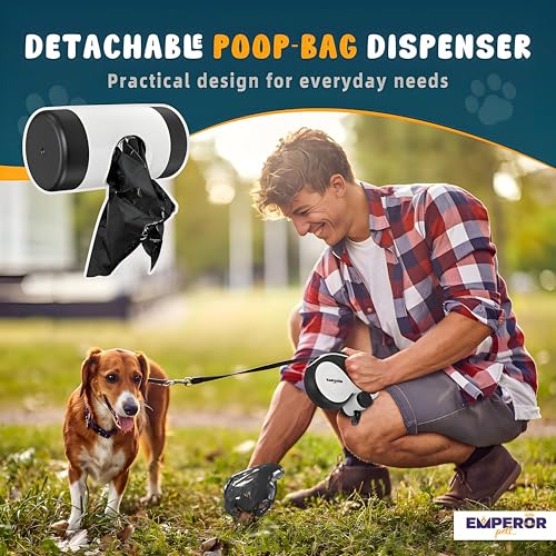 Retractable Dog Leash 26 ft White - Heavy Duty Leash for Medium Large Dogs up to 110 lbs, Anti-Slip Grip, Poop Bag Dispenser – Aura Collection -BW26 - color: White, size: 26 ft