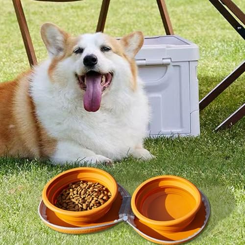 Bear Paw Foldable Pet Bowl, Dual Bowl Design for Food and Water,6.1in，Pink,Orange and Beige (Pink) - color: Pink