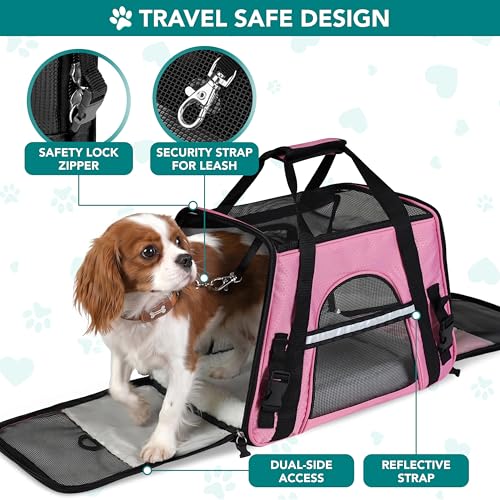 PetAmi Airline Approved Pet Carrier for Cats & Small Dogs, Soft Sided TSA Travel Carrier Bag with Sherpa Bed, Breathable Mesh Ventilation, Collapsible Bowl, Fits Under Seat, Up to 18 lbs, Large Pink - color: Pink, size: Large - 19.5"L x 10.2"W x 12"H