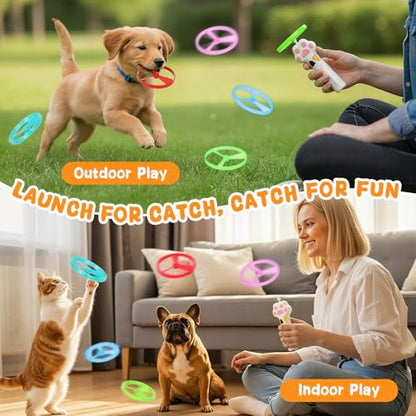 Cat Chase Fetch Toy - Rechargeable Disc Launcher with 6 Flying Spinners - Best Interactive Pet Hunting Toys for Indoor Outdoor Yard Cats Dog (White) - color: White