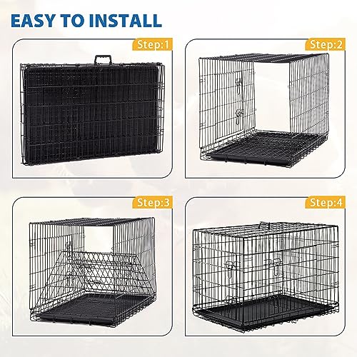 24/7 Shop at Home Gossamer Metal Double Door Folding Wire Pet Crate with Divider, Removable Tray, and Handle for Outdoor and Indoor Medium Dog, 36-inch, Black - size: 36.4"L x 22.6"W x 24.8"H