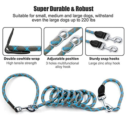 Hands Free 8.5ft Nylon Double Dog Leash with Reflective Stitching, Adjustable Waist Fits All for Medium Large Dogs - Blue - color: Blue