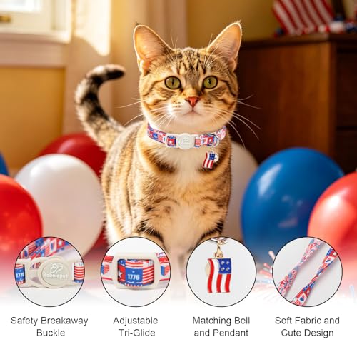 2 Pack 4th of July Cat Collars - Blue Retro Checkerboard Flag 1776 & Pink Patriotic Breakaway Cat Collars, Adjustable Soft Boy Girl Kitten Collar for Small Dogs Puppy with Bell & Pendant - color: Pink Patriotic