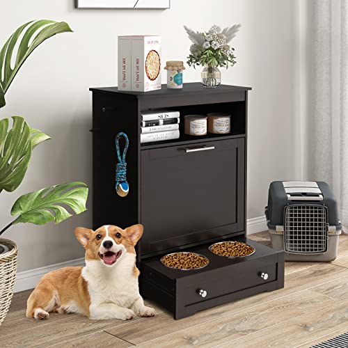 Dog Food Cabinet Feeding Station with 2 Raised Bowls, Pull Out Elevated Dog Bowl, Storage, 3 Hangers, Pet Feeder Toy Leashes Organizer, Brown - color: Brown