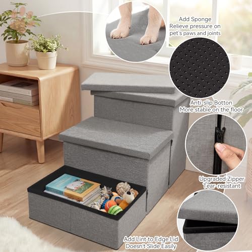 Zerbuger Dog Stairs 18" H, 3-Step Wider Dog Steps for High Beds Couch, Folding Storage Pet Stairs Gift for Small/Medium/Large Old Dogs Cats, Ramp for Climbing Car Up to 200 lbs, (Gray, with Condo)