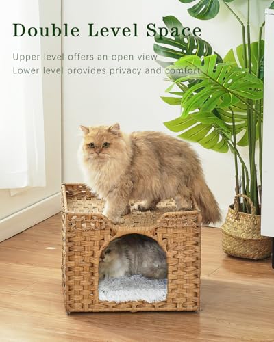 SETVSON Cat Beds Indoor Kitten House, Handwoven Rattan Cat Cave Pet Cube, Large Cat Houses, One Bed Mat, Foldable, Hideaway, 16.5x16.5x13.2 Inches, 2 S-Shaped Hooks in Living Room Bedroom Natural - color: Natural, size: Rectangle-M