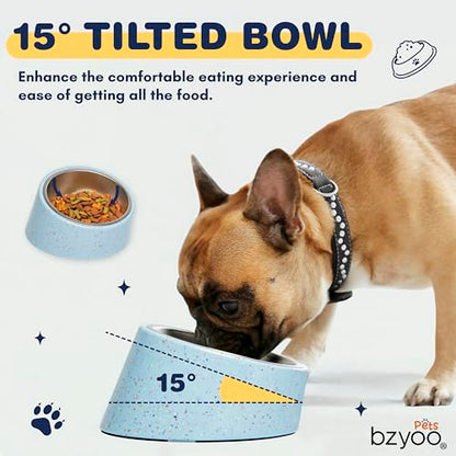 bzyoo 16oz Tilted Dog Bowl for Small Dogs & Cats, 15° Elevated Stainless Steel Pet Feeder, Ergonomic Anti-Vomiting Food Bowl for Frenchie, Pug, Persian Cat, Non-Skid Melamine Stand, Sprinkle (Blue) - color: Blue