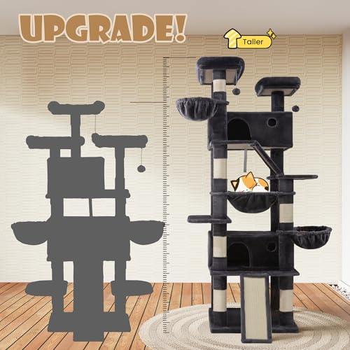 SHA CERLIN 81in Multi-Level Tall Cat Tree Tower for Indoor Kitties/Larger Cat Condo Furniture with Hammock/Cozy Pussycat Perches/Sisal Scratching Posts/Pet House/Wide Base/Dark Grey - color: Dark Grey