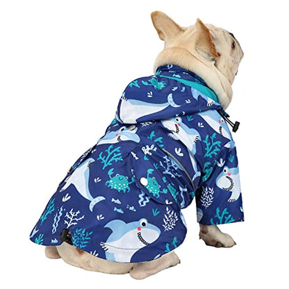 HDE Dog Raincoat Poncho Double Layer Zip Rain Jacket with Removable Hood, Leash Hole for Small to 3XL Dogs and Puppies Sharks - M - color: Sharks, size: Medium