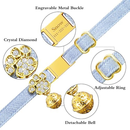 Personalized Breakaway Cat Collars - Magnetic Buckle, Bell - Safety Quick Release, Customized for Girls & Boys Cats- (Herringbone-Sky Blue) - color: Herringbone-Sky Blue