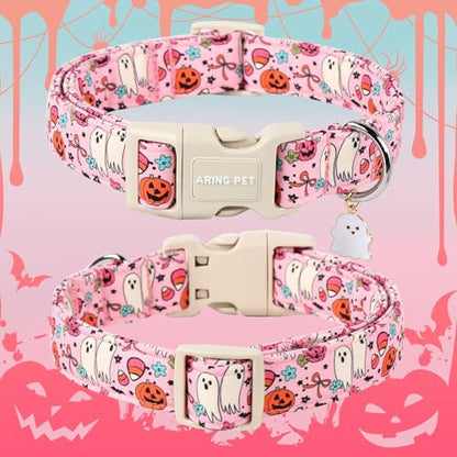 ARING PET Halloween Dog Collars, Cute Pink Pumpkin Ghost Flower Bowtie Pet Collar with Quick Release Buckle for Small Medium Large Girl Boy Dogs-XS - color: Halloween Pink, size: X-Small
