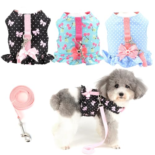 Zunea No Pull Small Dog Girl Harnesses Dress Escape Proof Cat Kitten Vest Harness and Leash Set Step-in Soft Puppy Chihuahua Doggie Clothes Outfits for Outdoor Walking (3pcs, M) - color: black bows+blue cherry&dots, size: M (Chest:16.9-17.7", Neck:10.6-11