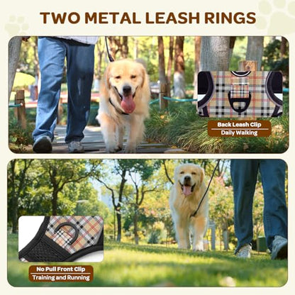 Plaid Dog Harness for Medium Dogs, Reflective No Pull Adjustable Pet Vest with Front Clip, Leash, Easy Control Handle and Seat Belt, Beige&White, M - color: Beige & White, size: Medium