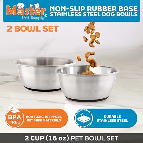 Master Pet Supply Stainless Steel Dog Bowls Set of 2 (16 Oz Each) with Non-Slip Rubber Base - Stainless Steel - Basic Dog Food Bowl Water & Food Bowls for Small Medium Large Dogs & Cats, Metal Dish - color: Stainless Steel, size: 2 Cups (16 oz) 2 Pack