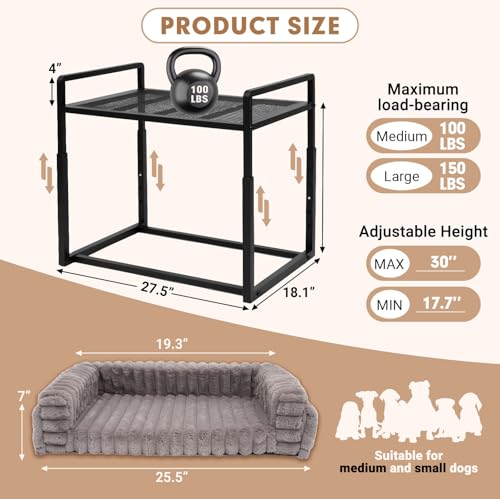 Beside Dog Bed,Adjustable Height Dog Bunk Beds,27.5''x 18''Metal Dogs Bed Frame with Washable Removable Corduroy Cover,Memory Foam Pet Bed with Sides,Medium - size: Medium