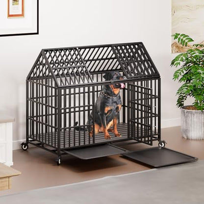 54 inch Heavy Duty Dog Crate with 2 Bowls, Indestructible Escape-Proof Dog Kennel Double Door, High Anxiety Large XXL Cage Indoor with Wheels and Trays, Max Load Capacity 300lbs - size: 53.9"L x 29.7"W x 46.1"H