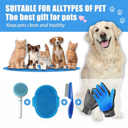 NVNAN 5 Piece Dog Grooming Brush Set with Grooming Gloves, Deshedding Comb & Massage Bath Brush | Dog Shampoo Brush - Multifunctional Pet Hair Removal Tools for Shedding, Bathing, Brushing (Blue) - color: Blue-4