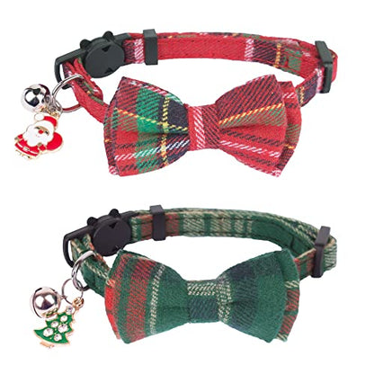 ADOGGYGO Christmas Cat Collars Breakaway with Removable Bow Tie Bell, 2 Pack Red Green Plaid Christmas Bow Collar for Cats Kittens - color: Christmas-1