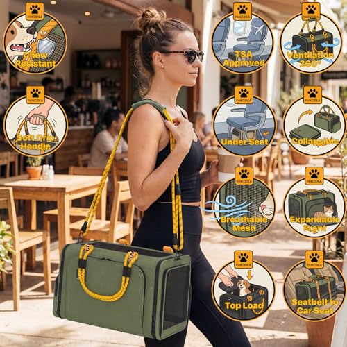 PAWZIDEA Expandable Pet Carrier with Wheels, 18"x11"x11" TSA Airline Approved Cat Carrier for 2 Cats Under Seat, Collapsible Soft-Sided Small Dog Rolling Travel Bag with Telescopic Handle, Up to 18lbs - color: Dark Green-Wheels