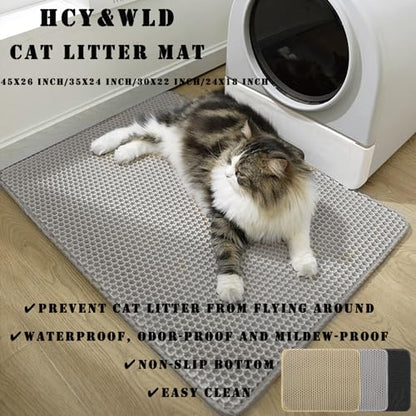 HCY&WLD Cat Litter Mat, 45x26/35x24/30x22/24x18 Inch Double Layer Cat Litter Box Mat, EVA Non-Slip, Waterproof Urine Proof Cat Litter Catcher Mat, Easy Clean Scatter Control (35x24 Inch, Khaki) - color: Khaki