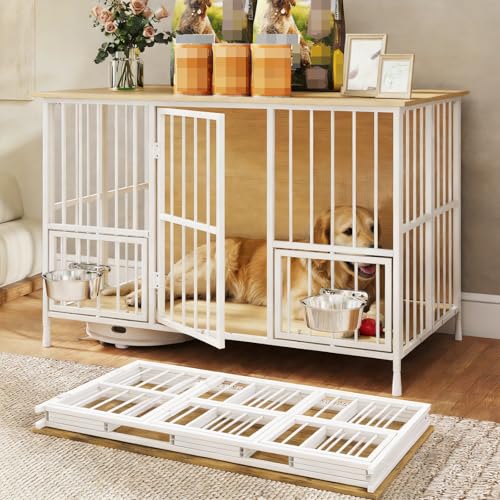 Hadulcet Foldable Dog Crate Furniture, 41'' No Assembly Indoor Dog Kennel with Storage Top, Wooden Dog Crate Table for Small to Medium Dogs, Furniture Style Dog Cage with 2 Bowls Oak - color: Oak, size: 40.9"L x 25.6"W x 28.3"H