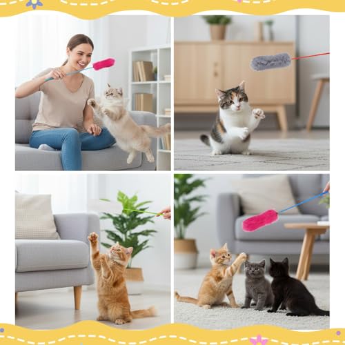 Larrel 5PCS Interactive Cat Wand Toys, Fur Cat Toys, Soft Kitten Teaser Sticks for Indoor Cats, Fur Cats Teaser Wand Set for Playing, Chasing and Exercise Needs (13 Inch Long)