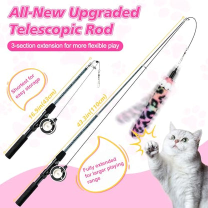 Pawaboo Cat Teaser Wand Toys, Cat Fishing Pole Toy with 3 Pack Feather Refills, 3-Section Retractable Kitten Feather Toys with Pulley, Indoor Cats Teaser Catcher Exerciser with Bell, Rose Red + Pink - color: Plush-Pink