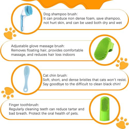 7 PCS Pet Bath Brush Set, Dog Bath Brush with Shampoo Dispenser, Cat Chin Cleaning Brush, Dog Toothbrush, Adjustable Glove Massage Brush, Pet Scrubber for Bathing Long Short Haired Dogs Cats (Green) - color: Green