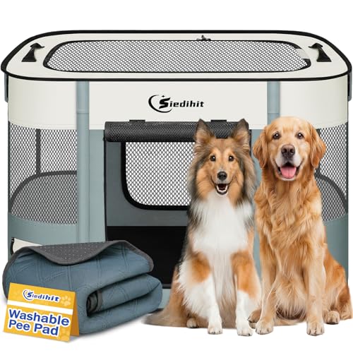 Dog Playpen,Cat Pet Puppy Pen,Portable Playpens for Dogs Indoor Outdoor Travel Camping Use,Foldable Dog Kennel Tent Crate for Rabbit Small Animals with Carrying Case (Grey with Pad, Lagre) - color: Grey with Pad, size: Large