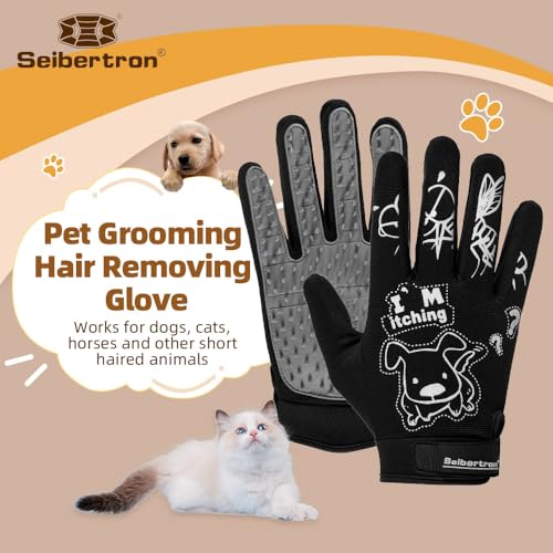 Seibertron Patented P.G.M.G-1 Pet Hair Remover/Deshedding Grooming Gloves Seven Sizes Fit All Works for Dogs, Horses, Cats and Other Animals Short Fur(1-Pair) Adult Black XL - size: adult XL