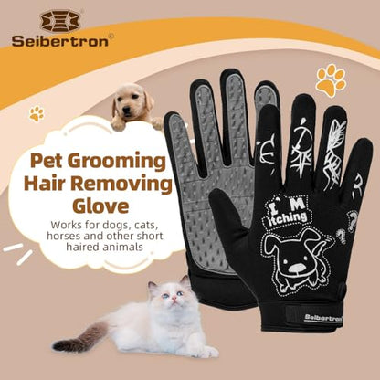 Seibertron Patented P.G.M.G-1 Pet Hair Remover/Deshedding Grooming Gloves Seven Sizes Fit All Works for Dogs, Horses, Cats and Other Animals Short Fur(1-Pair) Adult Black XS - size: adult XS