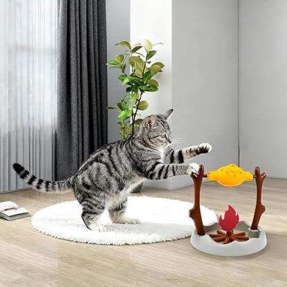 Cat Puzzle Toy - Cat Treat Dispensing Slow Feeder with 3 Dispensing Holes, Rotatable Roast and Flame Interactive Cat Treat Dispenser Toy, Enrichment Interactive Stimulation Toy for Indoor Kitty