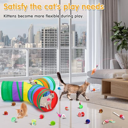 Poen 22pcs Cat Kitten Toys Set with 2 Collapsible Cat Tunnel and 20 Interactive Kitty Feather Toy, Fluffy Mouse, Crinkle Balls, for Kitten Puppy(Multicolor) - color: Multicolor
