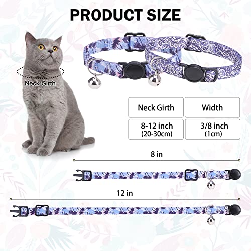 Breakaway Cat Collars for Girl Boy Cats, Spring Summer All Weather Cat Collar Personalized Pattern 2 Pack,Cute Classic Safety Buckles and Bells,Adjustable Printed Nylon Colorful Kitten Collar - color: Grazy Purple