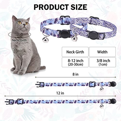 Breakaway Cat Collars for Girl Boy Cats, Spring Summer All Weather Cat Collar Personalized Pattern 2 Pack,Cute Classic Safety Buckles and Bells,Adjustable Printed Nylon Colorful Kitten Collar - color: Grazy Purple