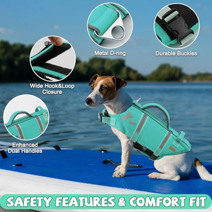 EMUST Dog Life Vests, Adjustable XS Dog Life Jacket with Rescue Handle, Puppy Flotation Vest for Small/Medium/Large Dogs, Turquoise, XS - color: Turquoise, size: XS
