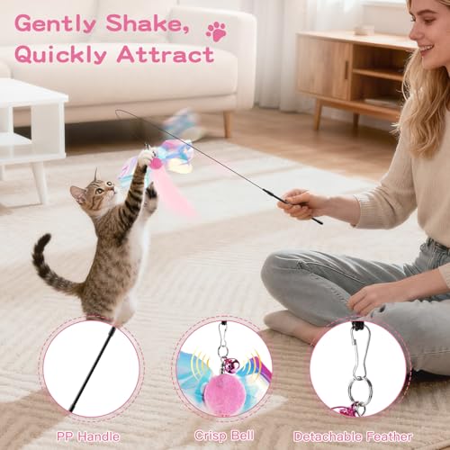 Pawaboo Feather Teaser Cat Toy, Interactive Feather Wand Cats Toy Flying Feathers Cat Catcher with Extra Long 34.5" Wand and Small Bell, Exerciser Playing Toys for Kitten or Cats, Pink Butterfly - color: Pink Butterfly