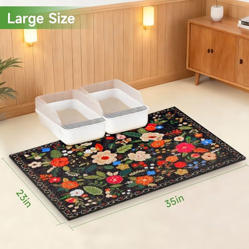 Cat Litter Mat, 35" x 23" Litter Box mat, Traps 100% Litter, Non-Slip Kitty Litter Trapping mats, Large Cute Litter mat, Easy Clean for Scatter Control, Bohe cat Food mat, Urine Waterproof - color: Black Garden, size: Large（35"x23"）