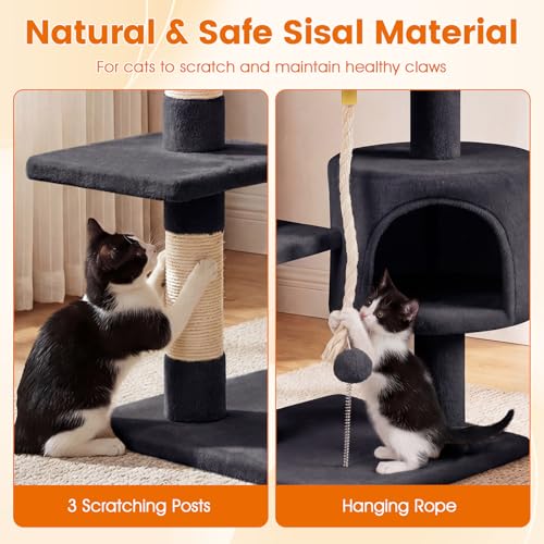 PETSITE 36-inch Multi-Level Cat Tree, with Sisal Scratching Posts, Comfy Top Perch, Cozy Condo, Playful Sisal Rope and Spring Ball, and Dangling Ball, Ideal for Indoor Cats and Kittens (Dark Grey) - color: Dark Grey