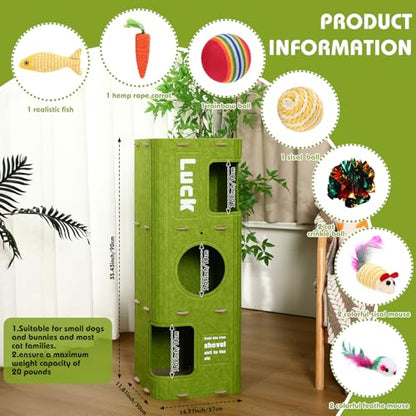 3-Storey Cat House for Indoor Use with 10 Pcs Sisal Toys Cube Cats Bed Cave Cat Houses 35.5 x 14.6 Inch Felt Scratch Resistant Cats Condos with Hideaway and Sisal Stuff for Indoor Multi-Cats Home