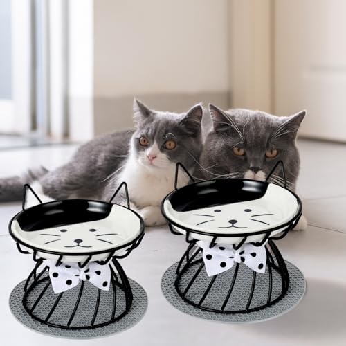 2PCS Ceramic Elevated Cat Bowls, Raised Pet Food Bowl Whisker Friendly, Anti-Vomiting Food Plate with Cute Metal Stand, Shallow Food Plate for Indoor Cat, Protects Spine - color: Black set of 2