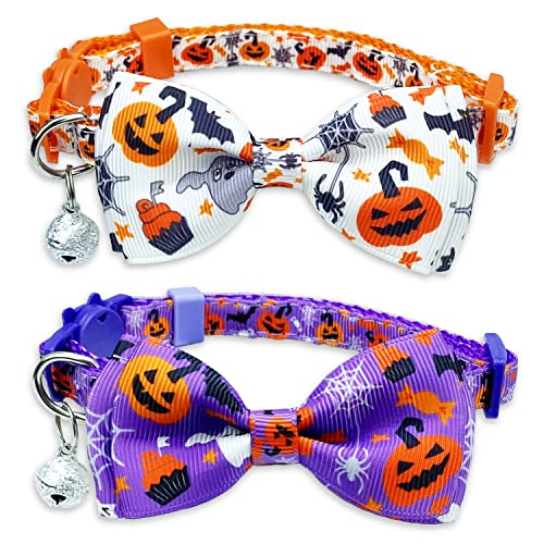 Halloween Cat Collar with Bell, Kitty Kitten Holiday Bow tie Collar Breakaway 2 Pack for Girl and Boys Male Female - color: Pattern A