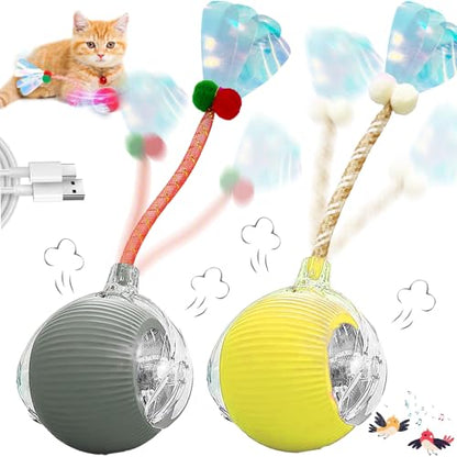 Speedy 2.0 Tail 2 Packs Interactive Cat Toys for Indoor Cats, Automatic Cat Toy with Elastic Mesh Tail, Electric Rolling Ball on Carpet, Chirping and Motion Activate Cat - color: 2 PC Grey+Yellow