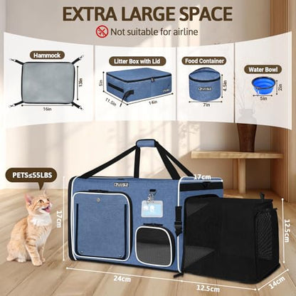 Petskd Side Expandable Extra Large Cat Car Carrier with Collapsible Litter Box for Long Distance Travel,24"x17"x17" Portable Soft Sided Pet Carrier with Roller Shades for 2 Cats Up to 55LBS(Blue) - color: blue