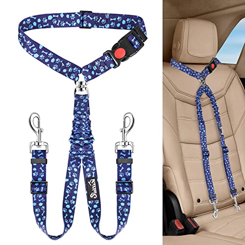 Lukovee Double Dog Seat Belt, New Dual Pet Car Headrest Restraint Safety Seatbelt No Tangle Dog Leash Duty Adjust Elastic Bungee Puppy Lead Splitter Connect Harness in Vehicle Travel for 2 Dogs (BL) - color: Blue Paw