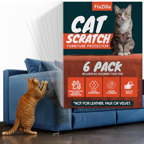 FixZilla Anti Cat Scratch Furniture Protector, 6-Pack Couch Protector from Cat Claws – Heavy-Duty, Easy-to-Apply Scratching Deterrent and Shield for Sofa Corners, Walls, and Doors- with 52 Twist Pins - size: 6-Pack + 52 Pins